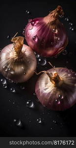 Onion seamless background with water drops, top view, flat lay. Generative AI. High quality illustration. Onion seamless background with water drops, top view, flat lay. Generative AI