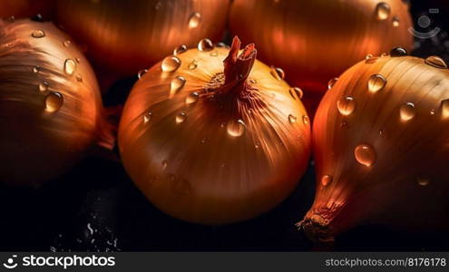 Onion seamless background with water drops, top view, flat lay. Generative AI. High quality illustration. Onion seamless background with water drops, top view, flat lay. Generative AI