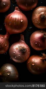 Onion seamless background with water drops, top view, flat lay. Generative AI. High quality illustration. Onion seamless background with water drops, top view, flat lay. Generative AI