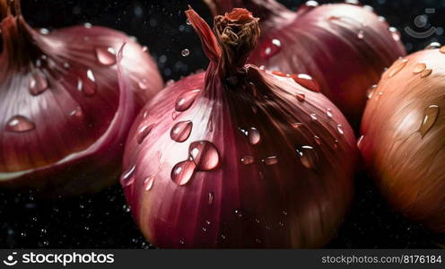 Onion seamless background with water drops, top view, flat lay. Generative AI. High quality illustration. Onion seamless background with water drops, top view, flat lay. Generative AI