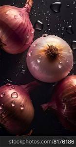 Onion seamless background with water drops, top view, flat lay. Generative AI. High quality illustration. Onion seamless background with water drops, top view, flat lay. Generative AI