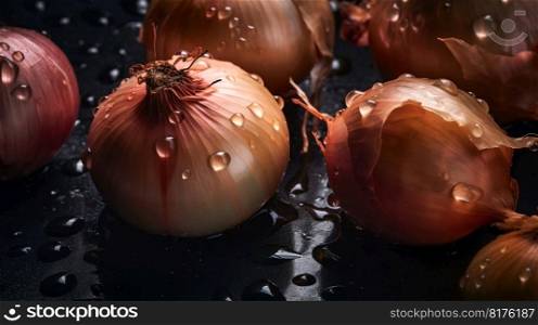 Onion seamless background with water drops, top view, flat lay. Generative AI. High quality illustration. Onion seamless background with water drops, top view, flat lay. Generative AI