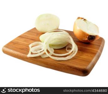 onions on a cutting board on white background