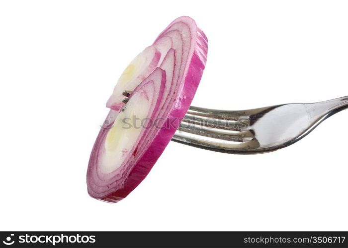 onions on a fork isolated on white background