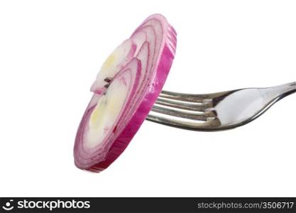 onions on a fork isolated on white background