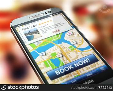 Online accommodation booking concept. Smartphone and system hotel reservations on the screen. 3d