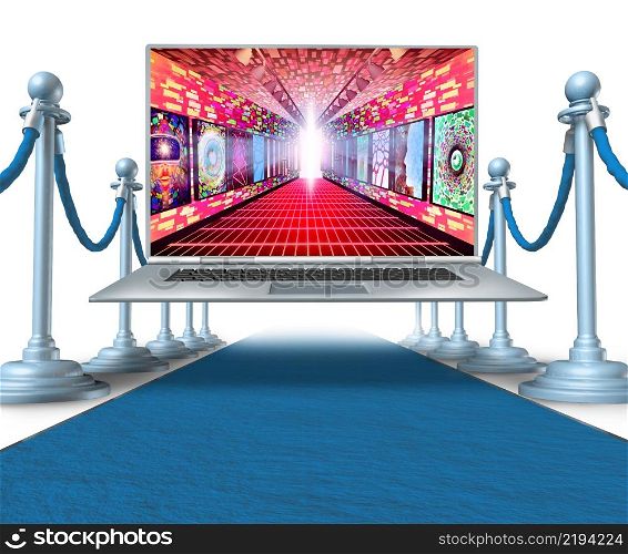 Online Art Gallery and virtual museum concept as a web exhibition of artistic digital content as an interactive metaverse experience with NFT crypto images as a symbol of futuristic internet as a 3D illustration.