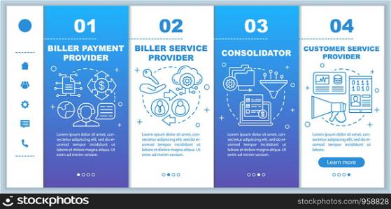 Online billing provider onboarding mobile web pages vector template. Responsive smartphone website interface idea with linear illustrations. Webpage walkthrough step screens. Color concept