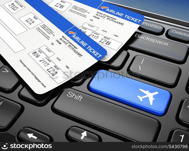 Online booking airplane tickets. Laptop keyboard. 3d
