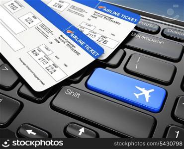 Online booking airplane tickets. Laptop keyboard. 3d