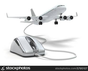 Online booking flight or travel concept. Computer mouse and airplane. 3d