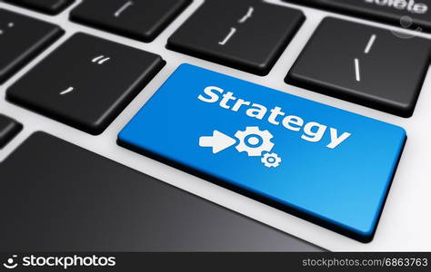 Online business and digital media strategy concept with symbol, icon and sign on a blue computer key 3D illustration.