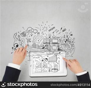 Online business concept. Top view of female hands working with white tablet