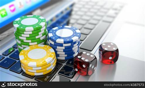 Online casino. Dices and chips on laptop. 3d