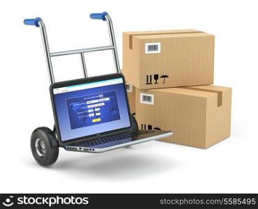 Online delivery concept. Laptop as hand truck and boxes. 3d