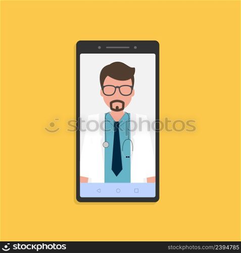 Online doctor consultation on the phone, yellow background. Stock EPS vector. Online doctor consultation on the phone, yellow background. Stock vector