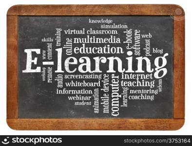 online education concept - e-learning word cloud on a vintage slate blackboard