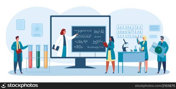 Online education scientists study biologist remotely concept. Illustration of education scientist online, research science technology vector. Online education scientists study biologist remotely concept