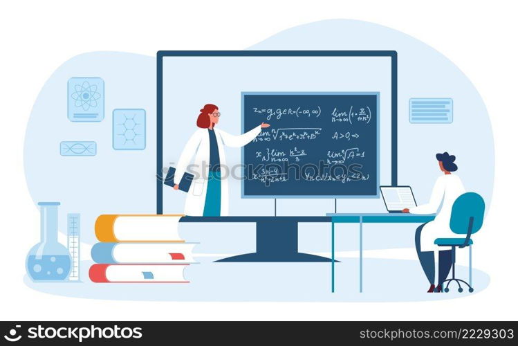 Online education scientists. Teacher conducting seminar for student via desktop computer. Cartoon person writing formulas on blackboard. Medical training at university or college vector. Online education scientists. Teacher conducting seminar for student via desktop computer. Cartoon person writing formulas