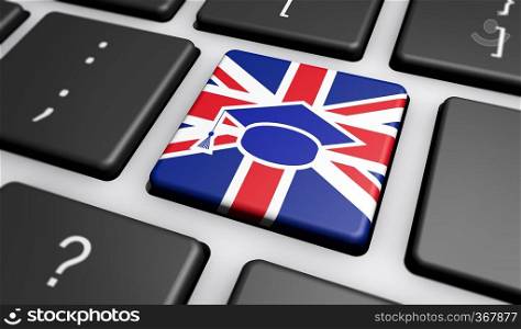 Online English language school and english e-learning concept with Union Jack UK flag and graduation cap icon on a computer key 3D illustration.