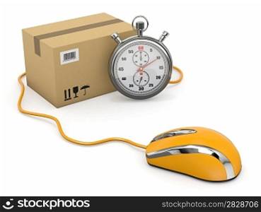 Online express delivery. Mouse, stopwatch and package. 3d