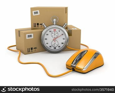 Online express delivery. Mouse, stopwatch and package. 3d