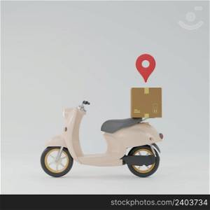 Online express delivery scooter carrying courier parcel box with location tracking service 3D rendering illustration