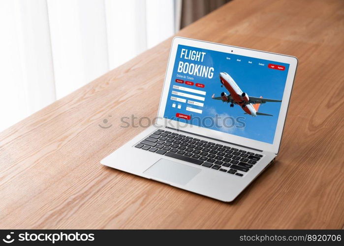 Online flight booking website provide modish reservation system . Travel technology concept .. Online flight booking website provide modish reservation system 