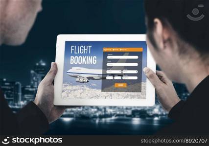 Online flight booking website provide modish reservation system . Travel technology concept .. Online flight booking website provide modish reservation system 
