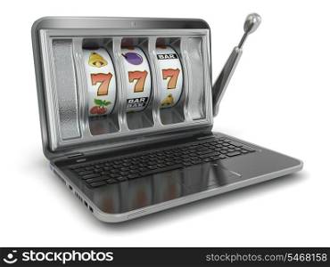 Online gambling concept. Laptop slot machine. 3d