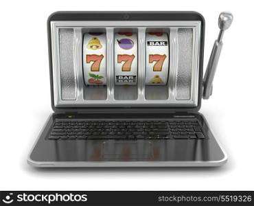 Online gambling concept. Laptop slot machine. 3d