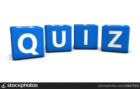 Online gaming, Internet and blog concept with quiz word and sign on blue cubes isolated on white background.