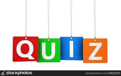 Online gaming, Internet and blog concept with quiz word and sign on colorful hanged tags isolated on white background.