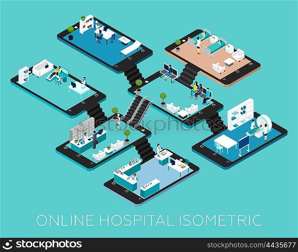 Online Hospital Isometric Scheme Icons. Online hospital isometric conceptual scheme icons with abstract rooms and stuff placed on smartphone bases vector illustration