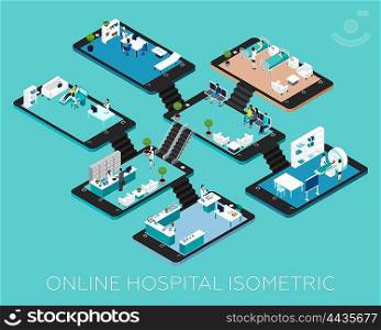 Online Hospital Isometric Scheme Icons. Online hospital isometric conceptual scheme icons with abstract rooms and stuff placed on smartphone bases vector illustration