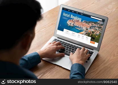 Online hotel accommodation booking website provide modish reservation system . Travel technology concept .. Online hotel accommodation booking website provide modish reservation system