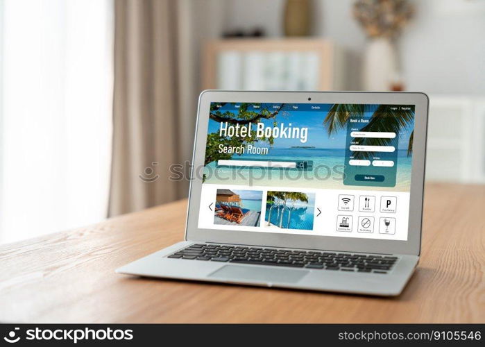 Online hotel accommodation booking website provide modish reservation system . Travel technology concept .. Online hotel accommodation booking website provide modish reservation system