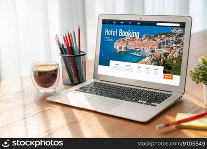 Online hotel accommodation booking website provide modish reservation system . Travel technology concept .. Online hotel accommodation booking website provide modish reservation system