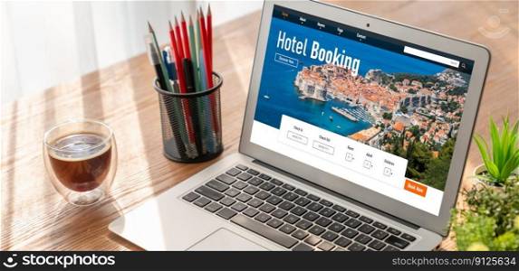Online hotel accommodation booking website provide modish reservation system . Travel technology concept .. Online hotel accommodation booking website provide modish reservation system
