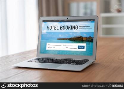 Online hotel accommodation booking website provide modish reservation system . Travel technology concept .. Online hotel accommodation booking website provide modish reservation system
