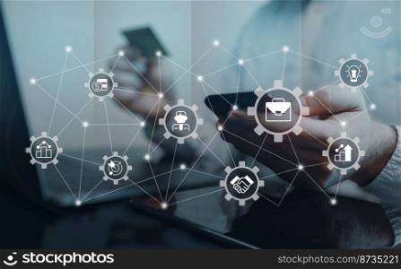 Online marketing closeup concept image with white glyph icons. Three quarter perspective photo of businessman using phone on background. Picture for web banner, infographics, blog, news and article. Online marketing closeup concept image with white glyph icons
