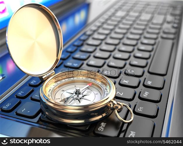 Online navigation. Compass on laptop keyboard. 3d