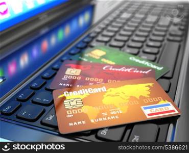 Online purchase. Credit card on laptop keyboard. 3d