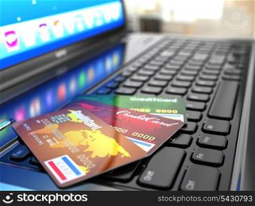 Online purchase. Credit card on laptop keyboard. 3d