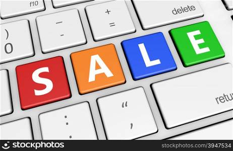 Online sales and shopping concept with sale sign and letters on colorful laptop computer keyboard 3d illustration for blog and online business.