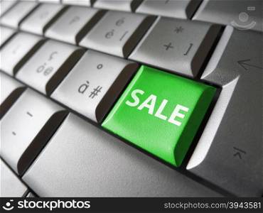 Online sales web and Internet concept with sale sign and word on a green laptop computer key for blog, website and online business.