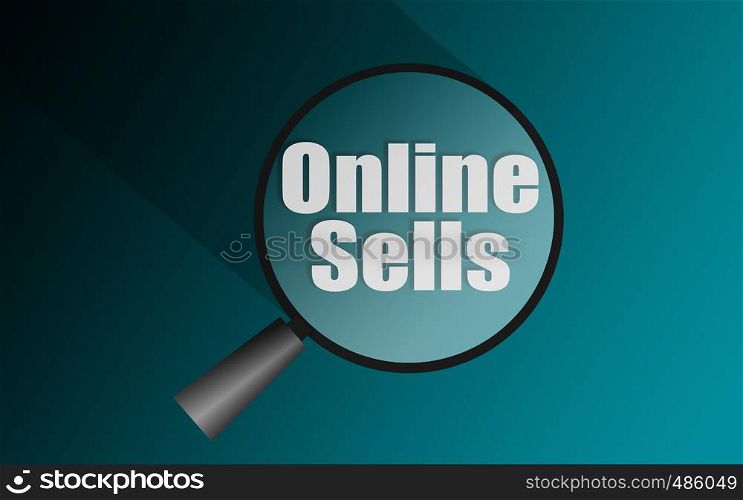 Online sells word with magnifying glass, 3d rendering