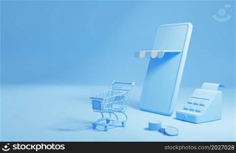 Online shopping and delivery concept with copy space on blue background. Business and delivery E-commerce store. 3D illustration rendering