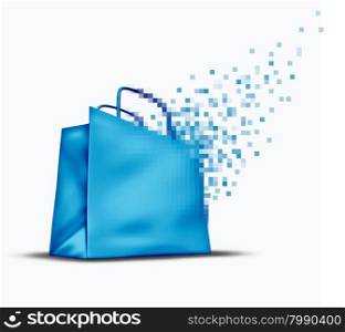 Online shopping and e-commerce concept as an internet store sale symbol with a shop bag that is transforming into digital pixels for web commerce in cyberspace.