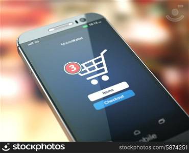 Online shopping concept. Mobile phone or smartphone with cart on the screen. 3d